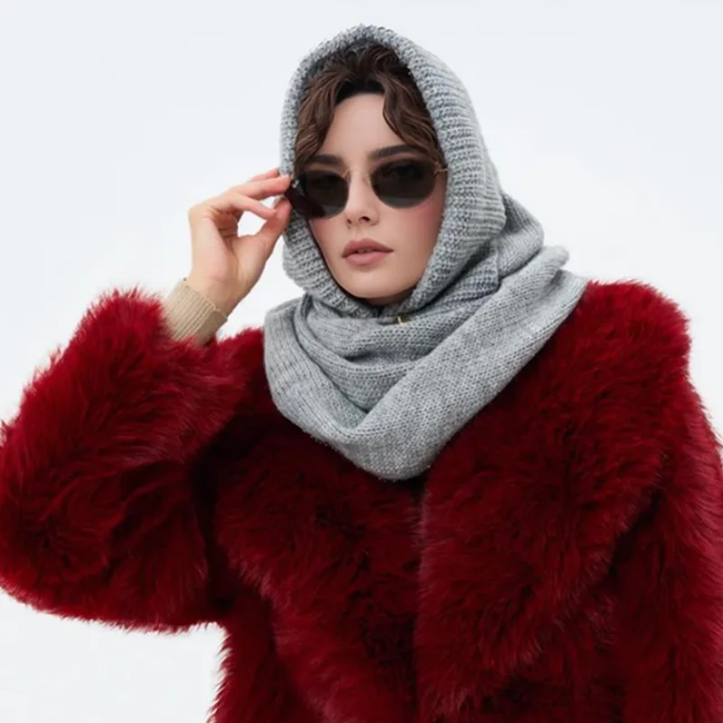 

Корейская Балаклава, женская зимняя шапка, комплект шарфов, шапка Skullies, цельный утолщенный теплый шарф с защитой шеи, шапка