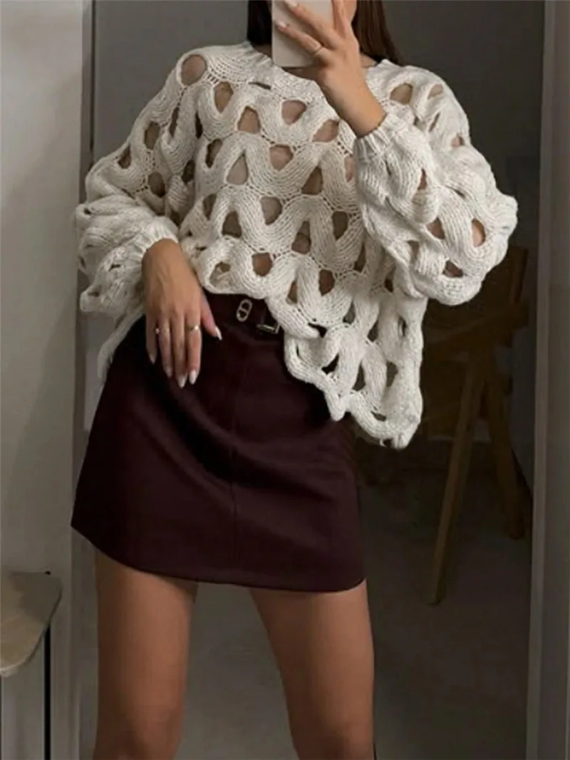 Otoño casual suéter pulóver mujer elegante cuello redondo manga larga blusa suelta 2025 moda de invierno Crochet ahueca hacia fuera Tops de punto