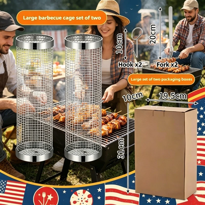 Stainless Steel Heavy Duty Cylinder Mesh Rolling Grill Basket Set For Camping Picnic Outdoor BBQ Barbecue Household Use