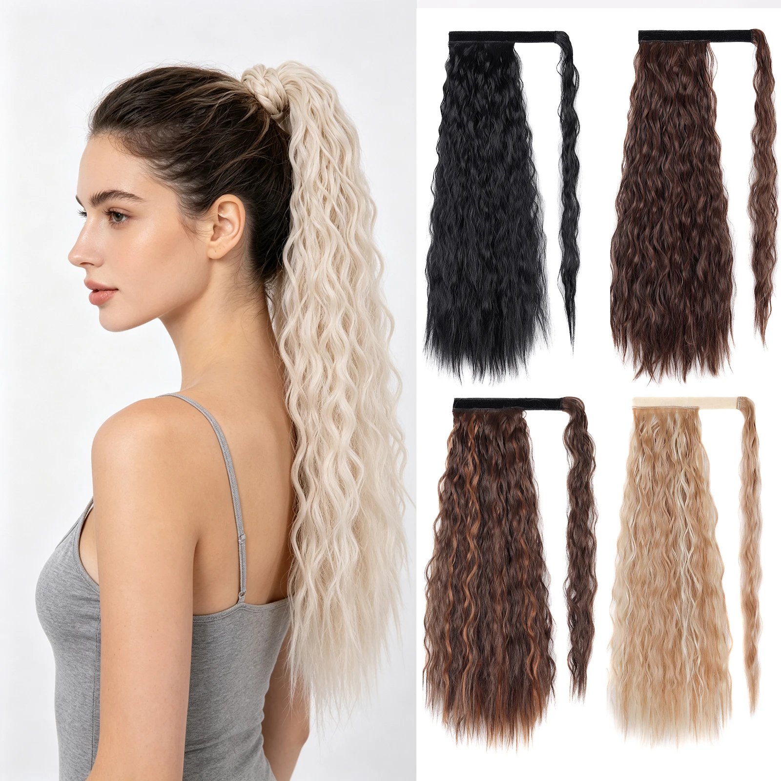 Women Corn Wave Curly Ponytail Hair Extensions, Magic Tape Wrap Around Long Wavy Synthetic Ponytail 100g 22 Inch