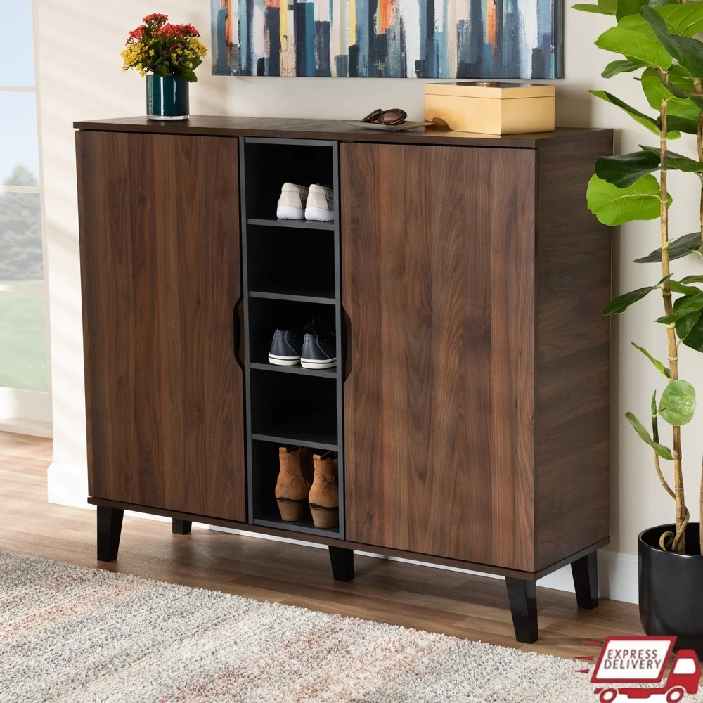 

Современный 2-дверный шкаф для обуви с вместительностью 25 пар, открытые закрытые полки, стильный органайзер для прихожей с отделкой орехово-серого цвета