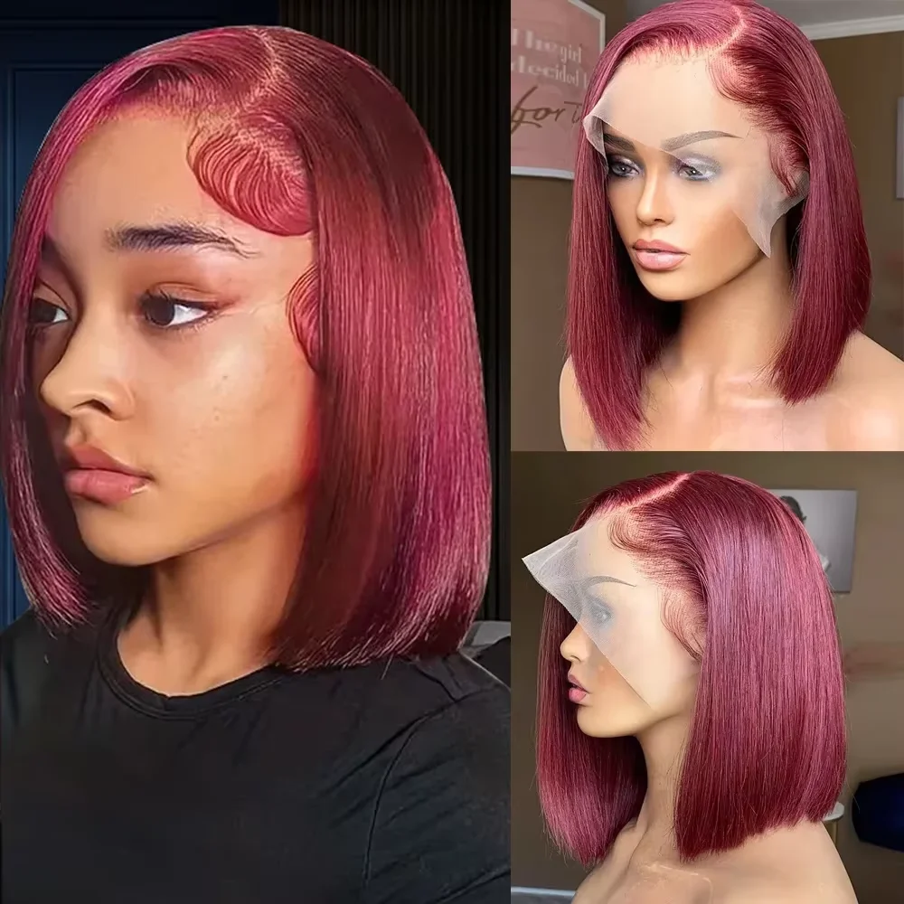 14 Inch 99J Burgundy Straight Bob 13x4 Lace Front Wig Pre Plucked Soft Silky 200 Density Brazilian Remy Short Wigs For Women