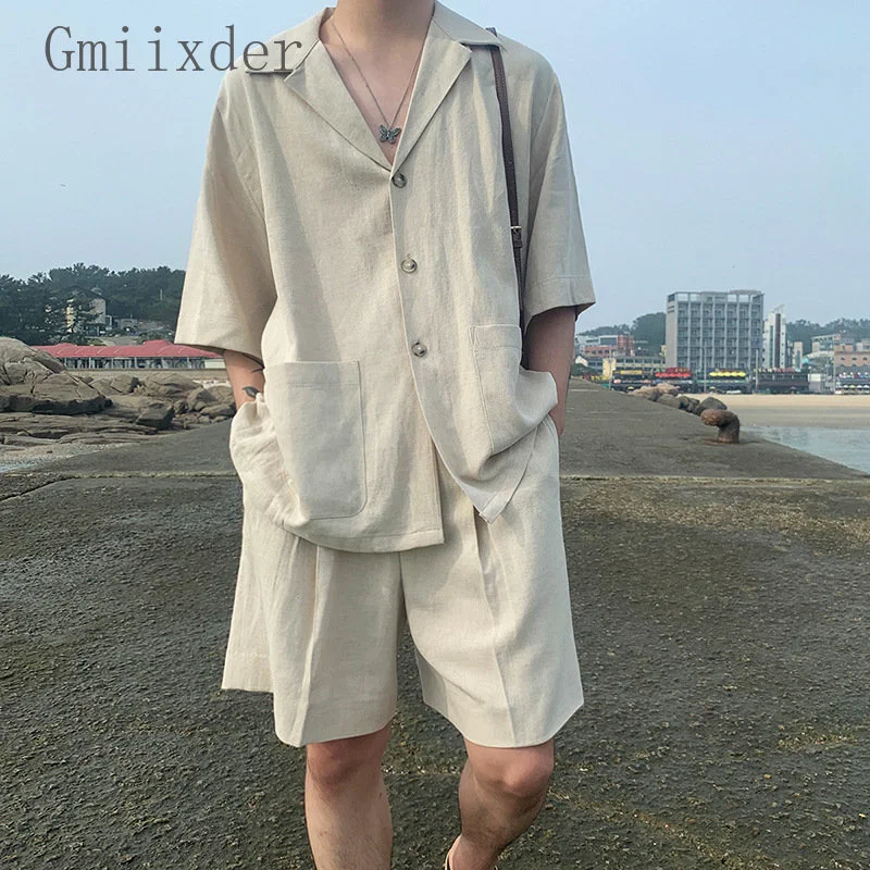 

Men's Linen Short Sleeved Shirt Set 2023 Summer Loose Casual Cotton Shorts Comfortable Male Wear