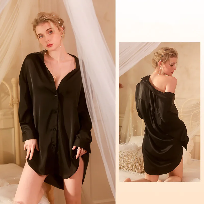 Nightwear Ladies Sexy Home Wear Women\'s Nightgown Lapel Long Sleeve Sleeping Shirt Loose Silk Satin Sleepwear Night Dress