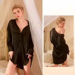 Nightwear Ladies Sexy Home Wear Women's Nightgown Lapel Long Sleeve Sleeping Shirt Loose Silk Satin Sleepwear Night Dress