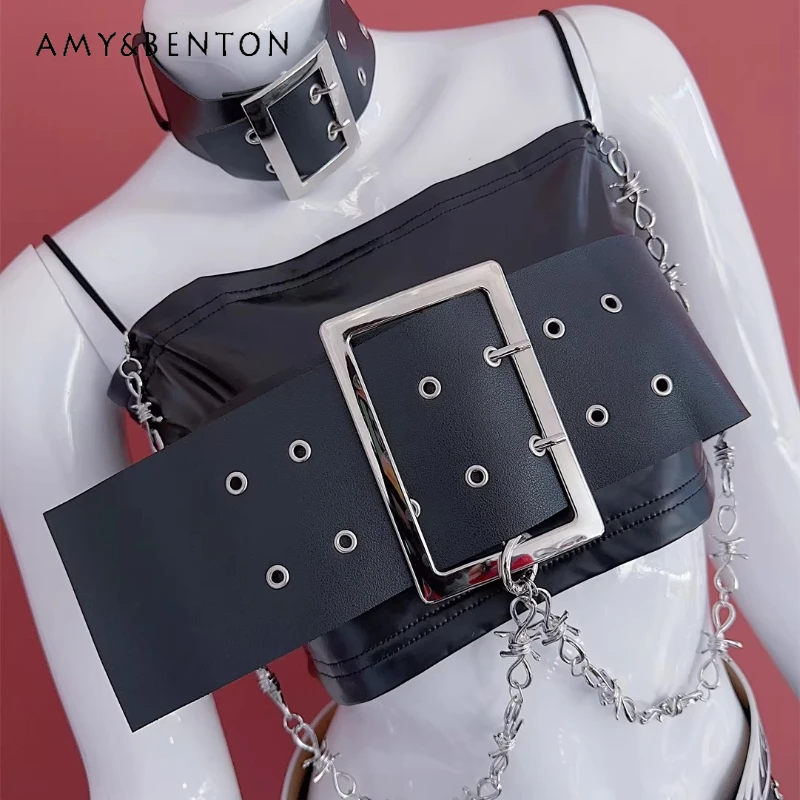 

Gothic Dark Y2K Hot Girl Women's Tank Top European American Sweet Cool Sexy Punk PU Leather Tube Tops Sling Two-Piece Set Ladies