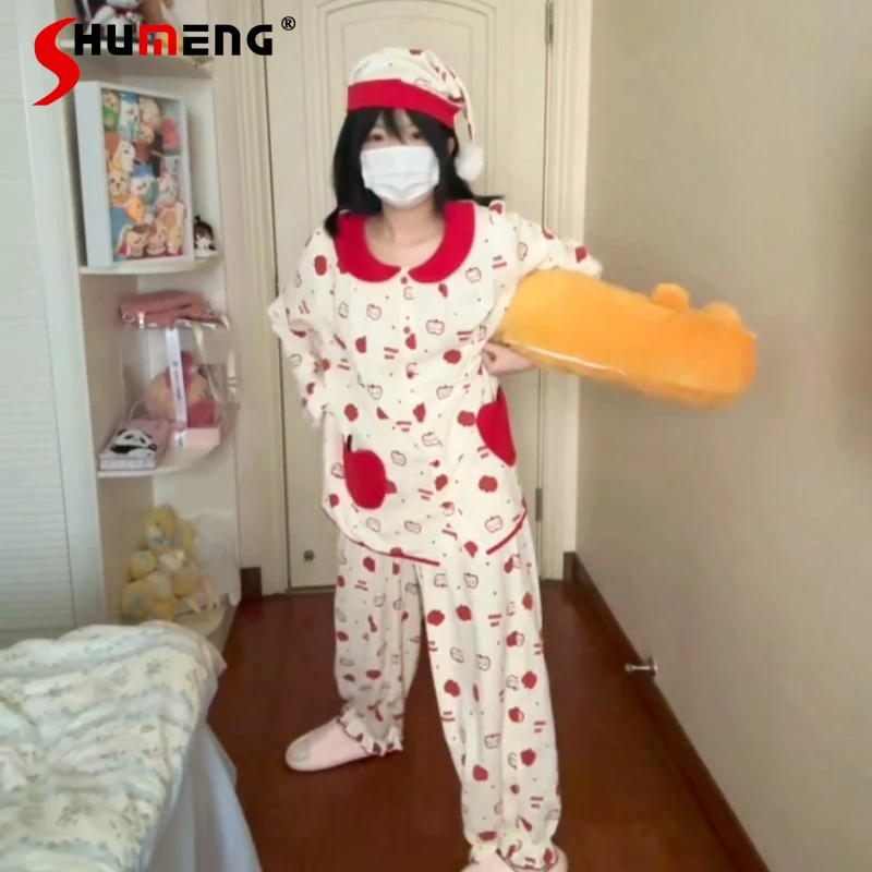 

Женская пижама с воротником-стойкой, весенне-осенний милый мягкий комплект из двух предметов с мультяшным принтом, японский комфортный повседневный домашний костюм для женщин