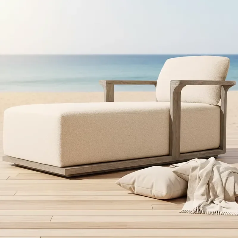 Lagos Teak Chaise Modern Outdoor Leisure Lounge Chair Fabric Cushion Teak Frame Clean Lines