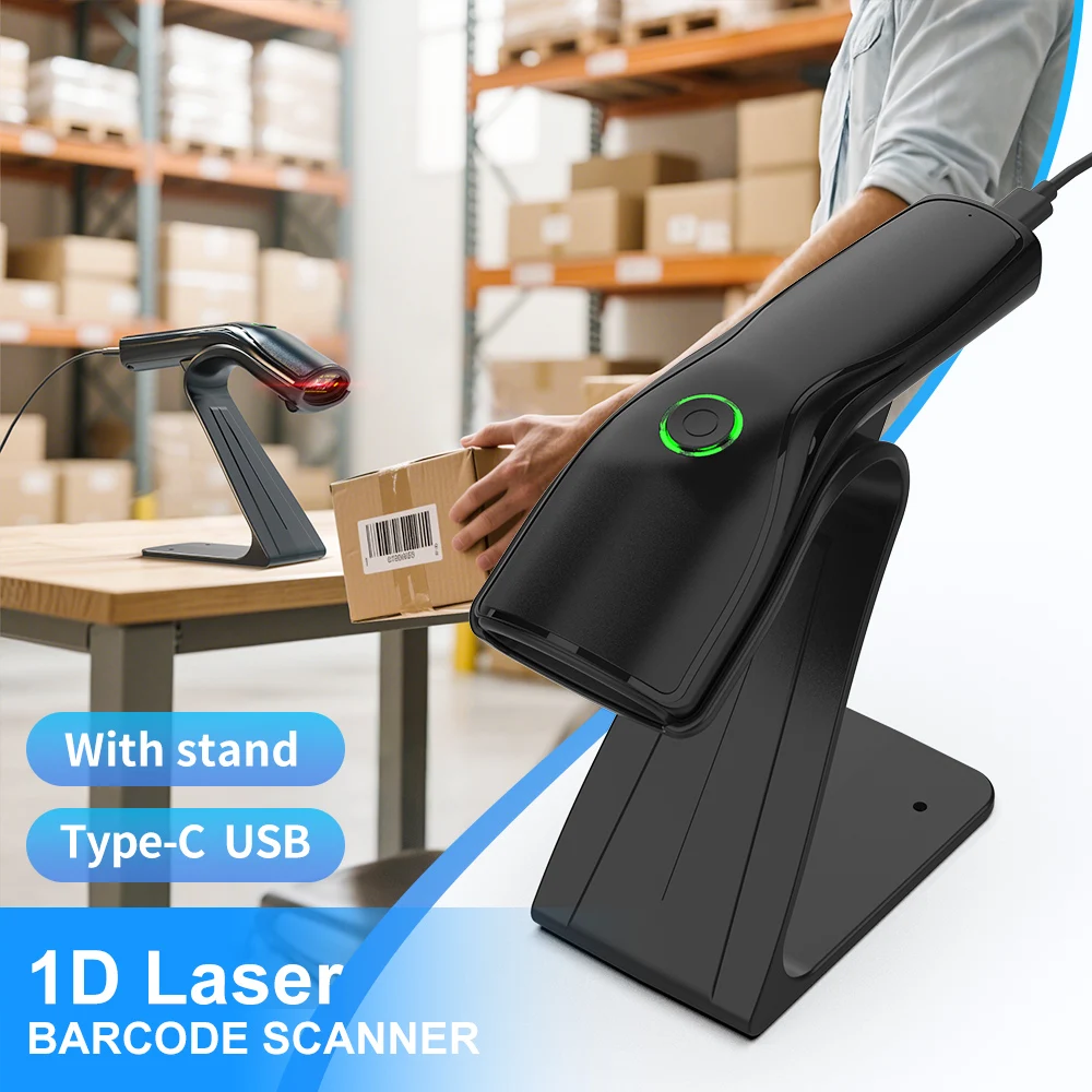 GTCODESTAR Handheld Wired 1D Barcode Scanner COMS Barcode Reader USB Bar Code Scanner Laser Scanning With Stand for Inventory
