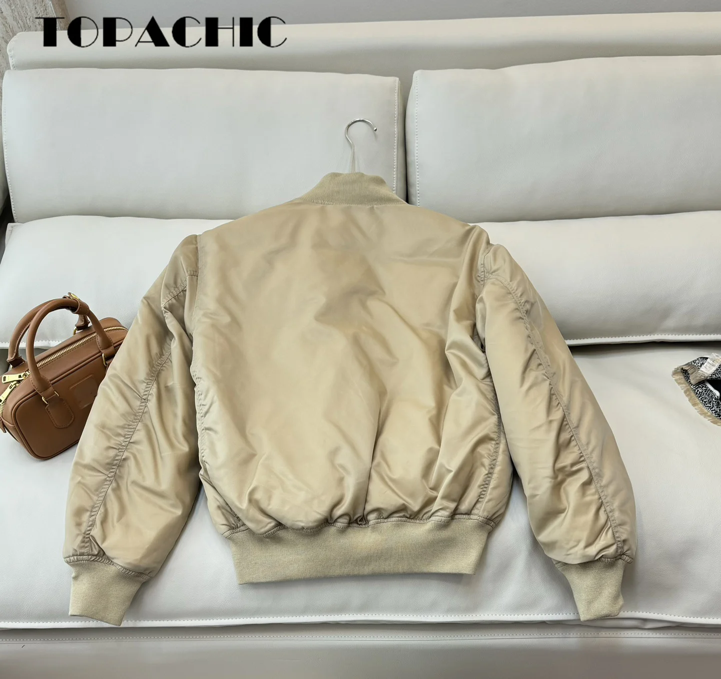 9.5 TOPACHIC-Women Letter Embroidery Down Zippper Jacket Stand Collar Spliced Ribbed Knit Hem Loose Thick Outerwear