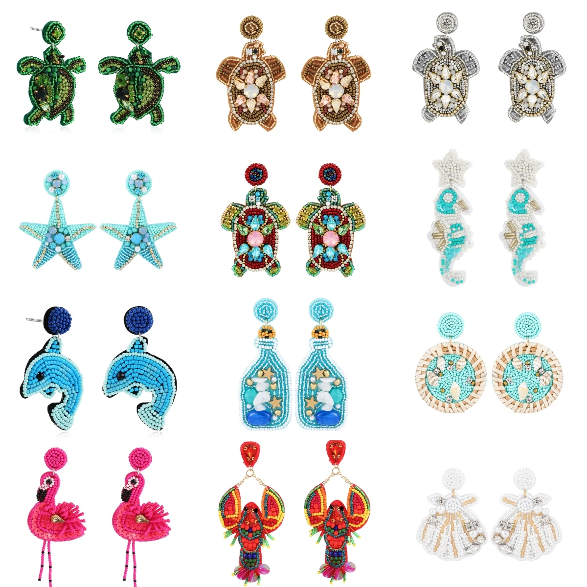 Bohemian Handmade Ocean Blue Turtle Shell Drop Dangle Earrings for Women Starfish Lobster Stone Summer Beach Piercing Earrings