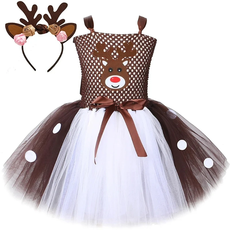 

Kids Animal Reindeer Outfits Christmas Deer Tutu Dress for Baby Girls Xmas Holiday Costumes New Years Children Carnival Clothes