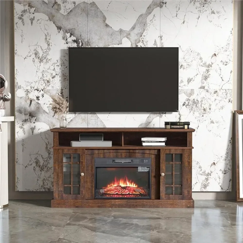 Farmhouse TV Stand for 70 Inches TVs, Storage Cabinet, Entertainment Center with Electronic Fireplace and Remote Control