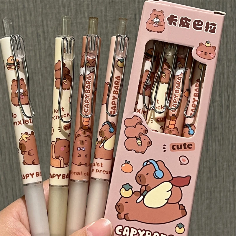 4Pcs/set Cartoon Lovely Capybara Gel Pen Kawaii Black Ink Gel Pen Student Stationery School Office Supplies Kids Birthday Gifts