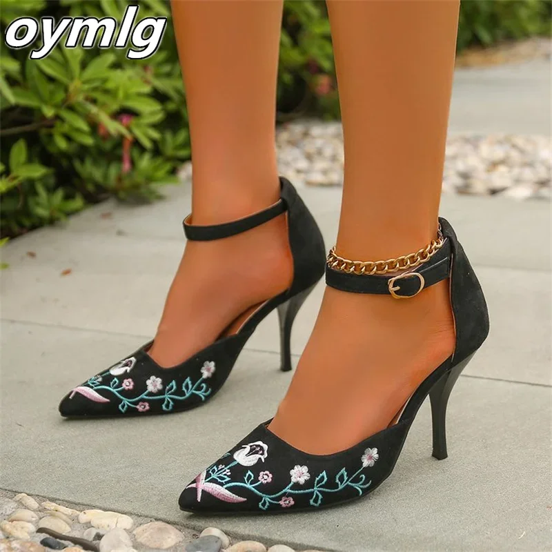 

2024 new stiletto embroidered suede pointed buckle high heel sexy fashion fashion hollow women's shoes pumps women shoes