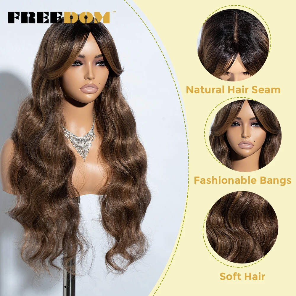 FREEDOM Synthetic Lace Wigs For Women 28 inch Long Body Wave Middle Part Lace Wig With Bangs Ombre Blonde Brown Cosplay Wigs