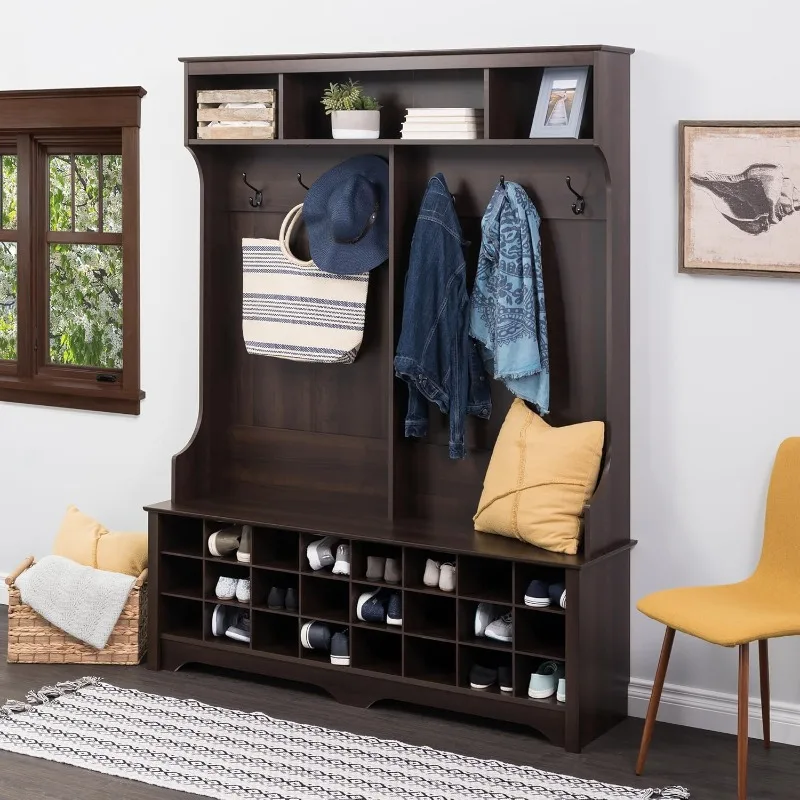 

Brown Hall Tree with Bench and Shoe Storage, 60"W x 77"H x 15.5"D - 24 Shoe Cubby, Mudroom Bench with Storage and Hooks