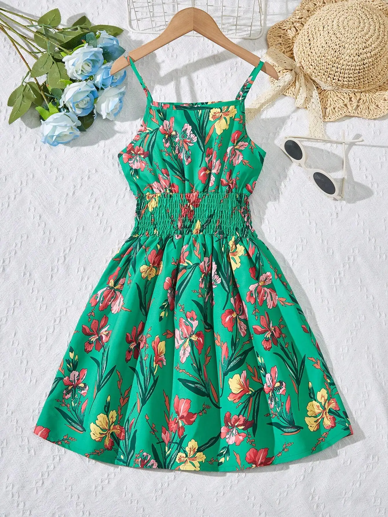 

Floral Print Ruched Pleated Spaghetti Strap Casual Summer Dress