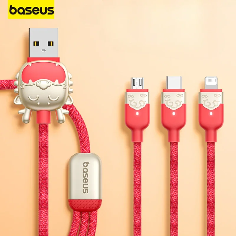 Baseus Dragon Year Zodiac Fast Charging 3in1 Data Cable USB to Micro+ip+Type-c 3.5A for Xiaomi HUAWEI iPhone 8 11 12 15 Pro Max