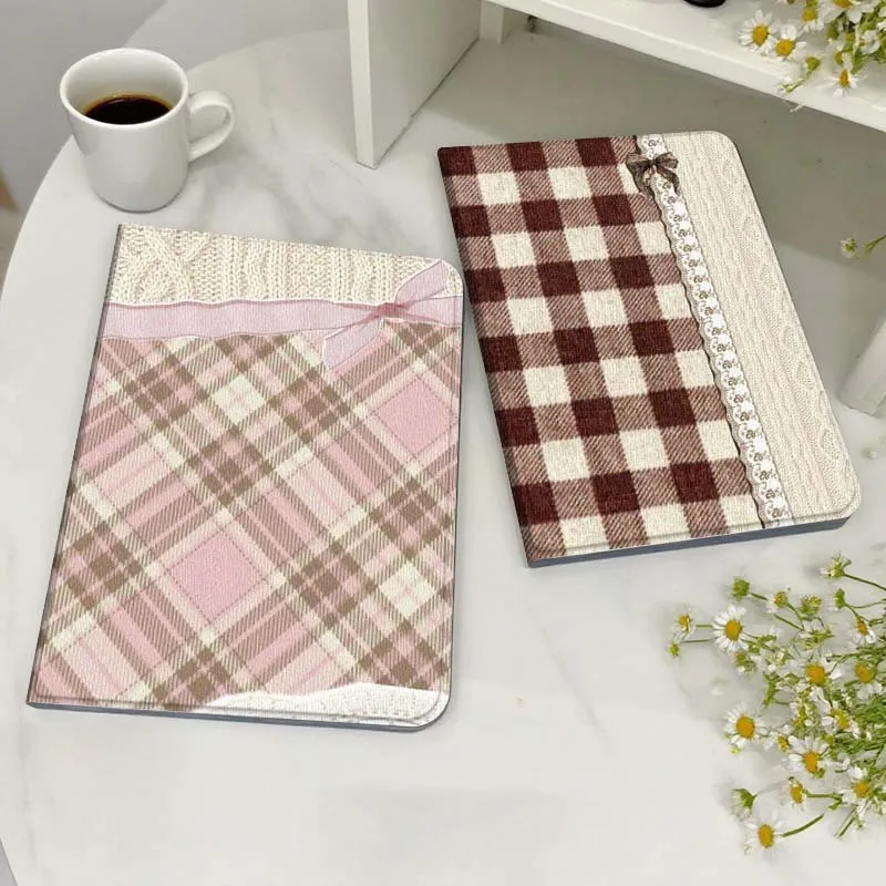 

Brown White Plaid Ribbon Tablet Case For Samsung Galaxy Tab S7 S8 S9 S10 FE Lite Gift