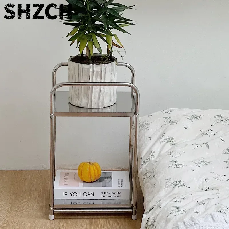 Nordic Inspired Side Table - Slim Profile Stainless Steel Nightstand, Minimalist Living Room Decor with Lower Shelf