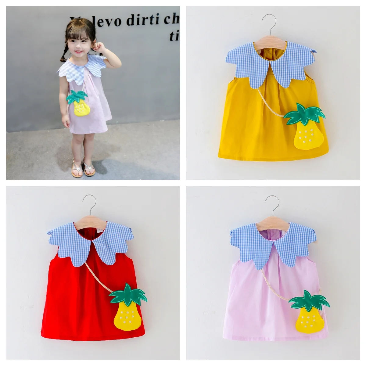 Baby Girl Dress Baby Cute Summer Dress 2 Piece Loose Cotton Comfortable Sleeveless Skirt+Pineapple Bag