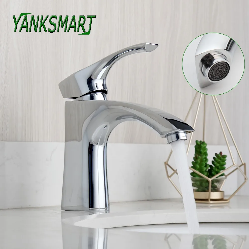 

YANKSMART Bathroom Faucet Chrome Polished Deck Mounted Bain Sink Faucets Single Handle Single Hole Cold And Hot Mixer Water Tap