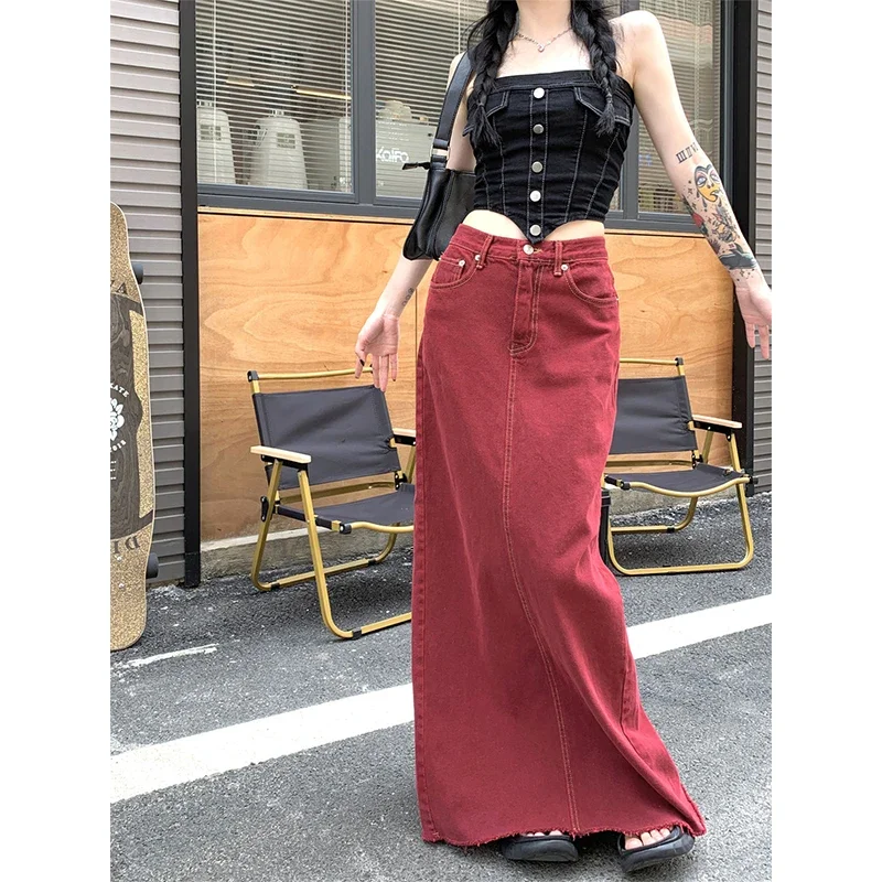 MEXZT S-3Xl Vintage Slit Denim Midi Skirts Women Y2K Red High Waist Wrap Jean Skirt Summer Korean Sexy Split Slim A Line Faldas