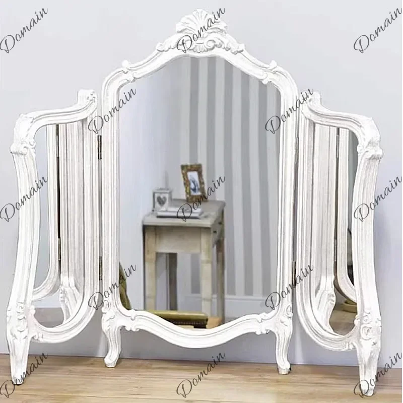 XX French Retro Desktop Tri-fold Mirror Bedroom Dresser Mirror European Desktop Three-sided Folding Makeup Mirror Antique Gold