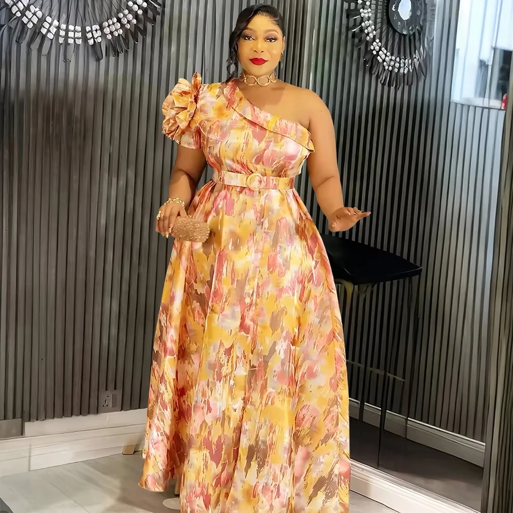 

African Women Dashiki Print Dresses Dubai Turkey Clothing One-shoulder Sexy Maxi Robe Wedding Party Prom Plus Size Long Dress