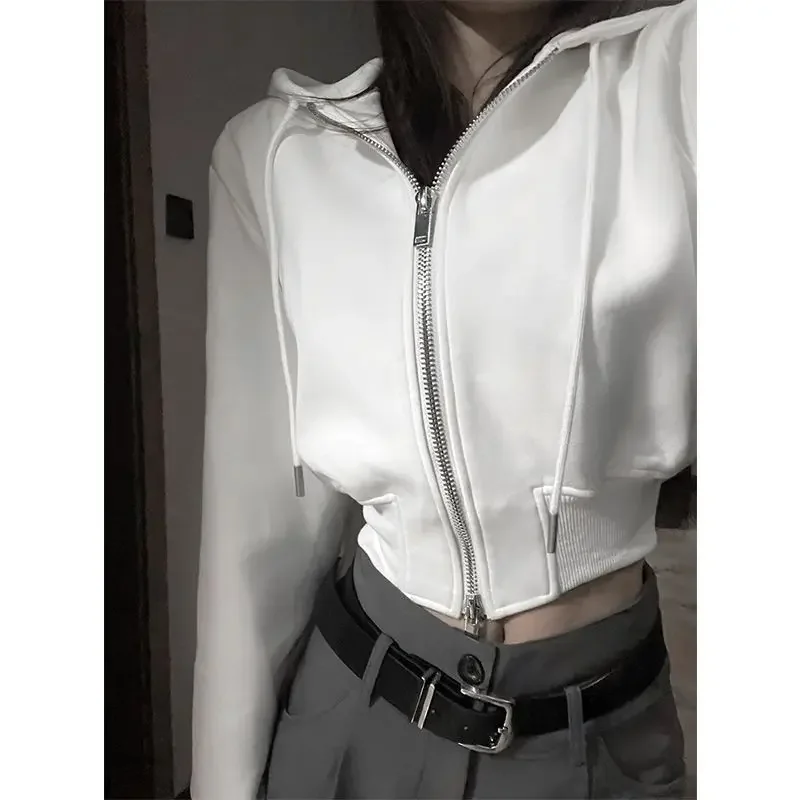 Cropped Zipper Hoodies Women White Casual Y2k Vintage Preppy Style Hooded Sweatshirt Korean Streetwear Harajuku Fashion