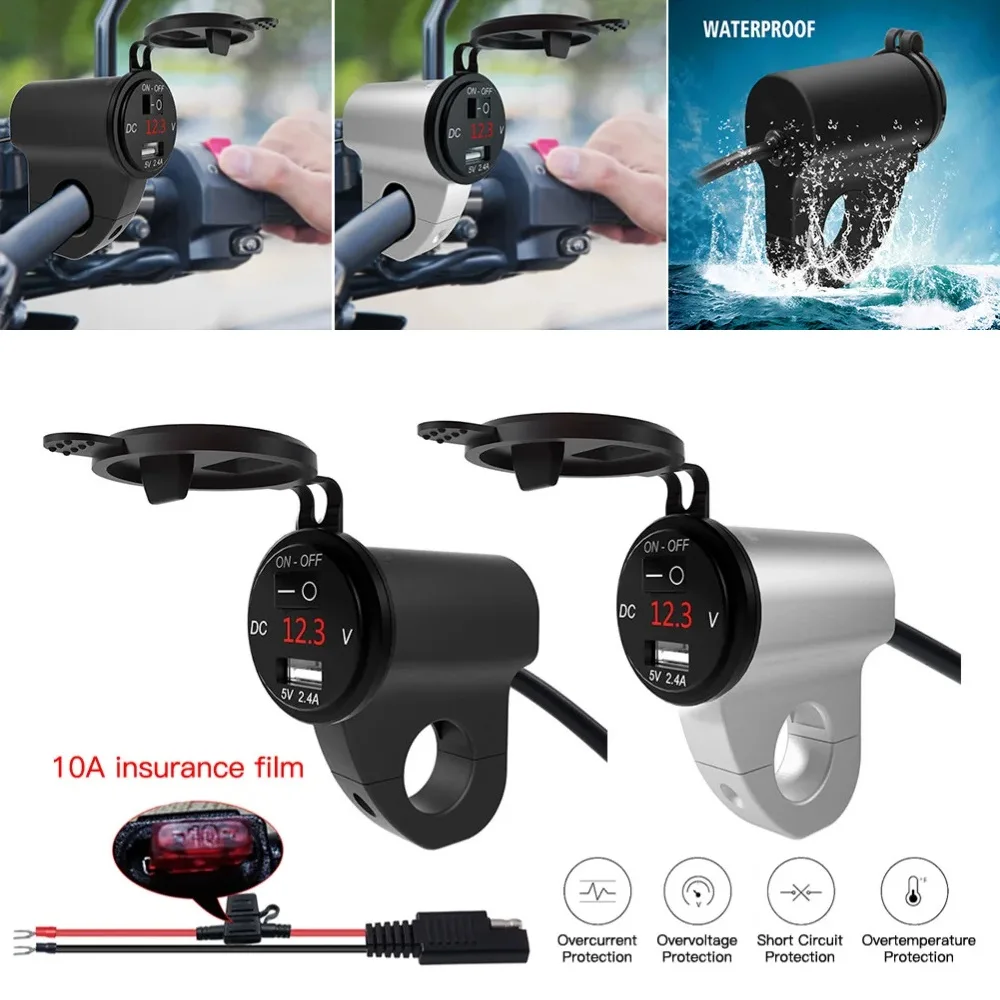 

Aluminum Alloy Car USB with Power Off Switch Motorcycle Waterproof Mobile Phone Charger Digital Display Voltage 2.4A