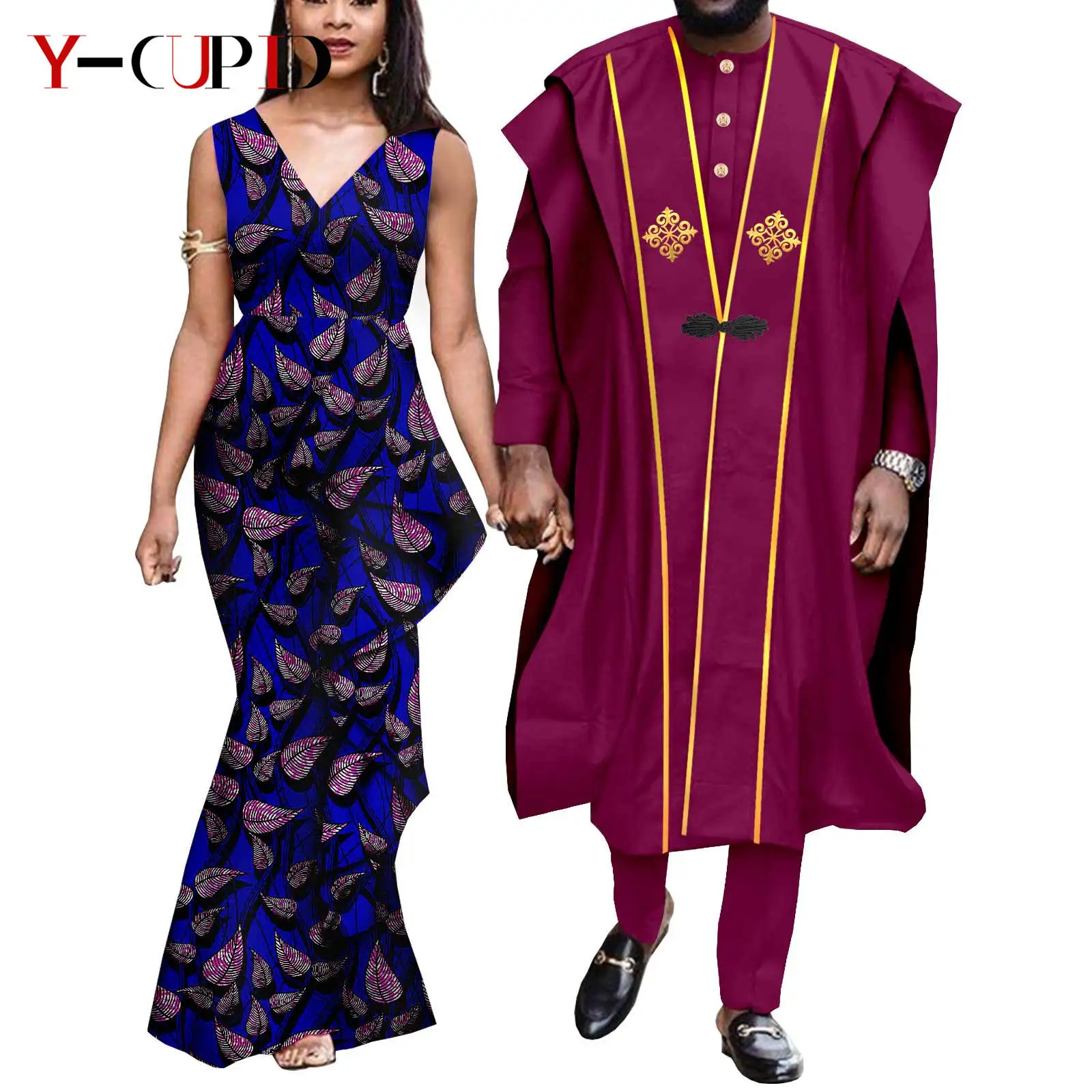 

African Couples Matching Clothing Set Wedding Dashiki Women Print Long Dresses Bazin Men Shirt Pant Robes Suits Agbada 24C006