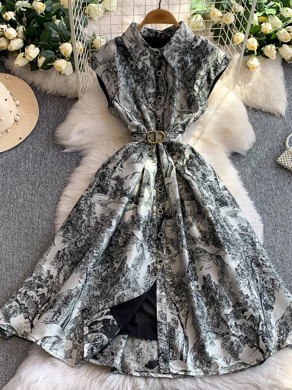 Ele Satin besticktes Svel Damen Dr. Schlankmachendes A-Linien-Kleid mit einem Knopf und hoher Taille für die Herbstsaison