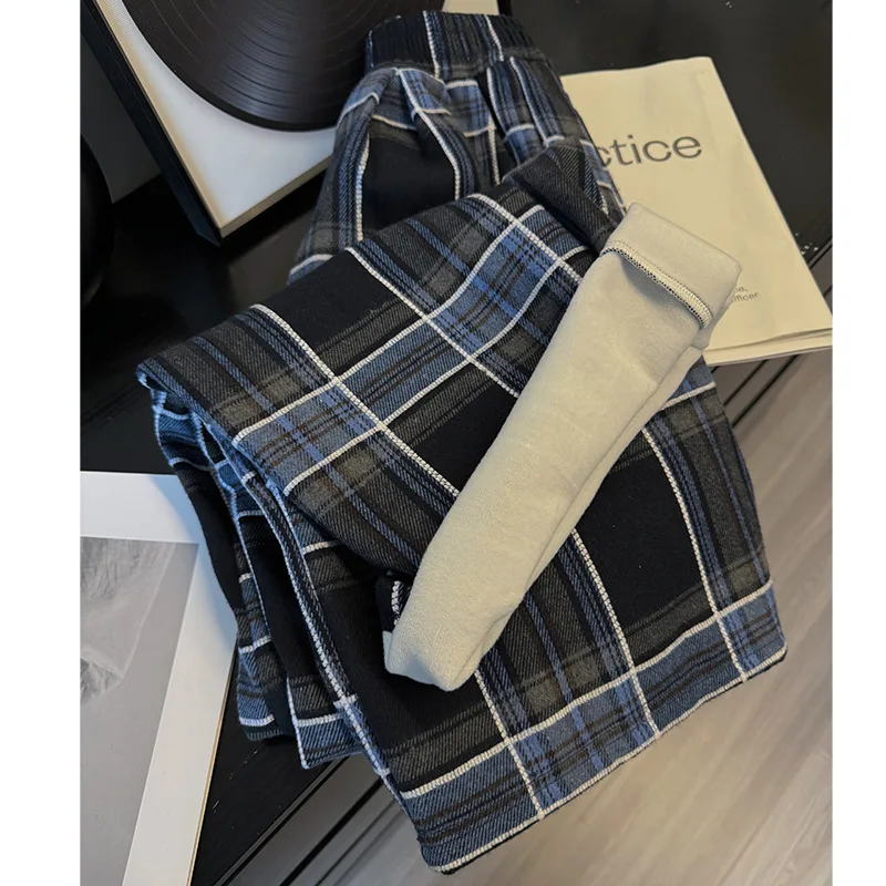 

Синие клетчатые брюки для женщин, зимние новые стильные драпированные брюки в ленивом стиле, прямые брюки в стиле ретро с высокой талией, свободные широкие брюки на флисовой подкладке