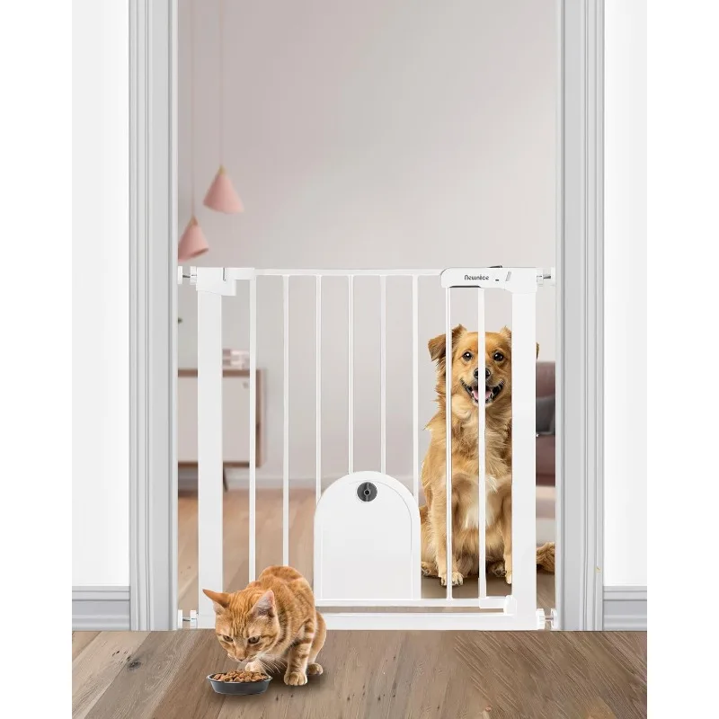 

Narrow Baby Gate with Cat Door, Auto Close & Easy Walk Thru Dog Pet Gates for Stairs, Doorway, House, Pressure Mounted Safety