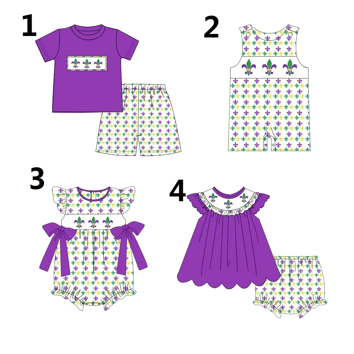 Mardi Gras Print Purple Short-sleeved Top Shorts Children's Boutique Suit Wholesale and Retail