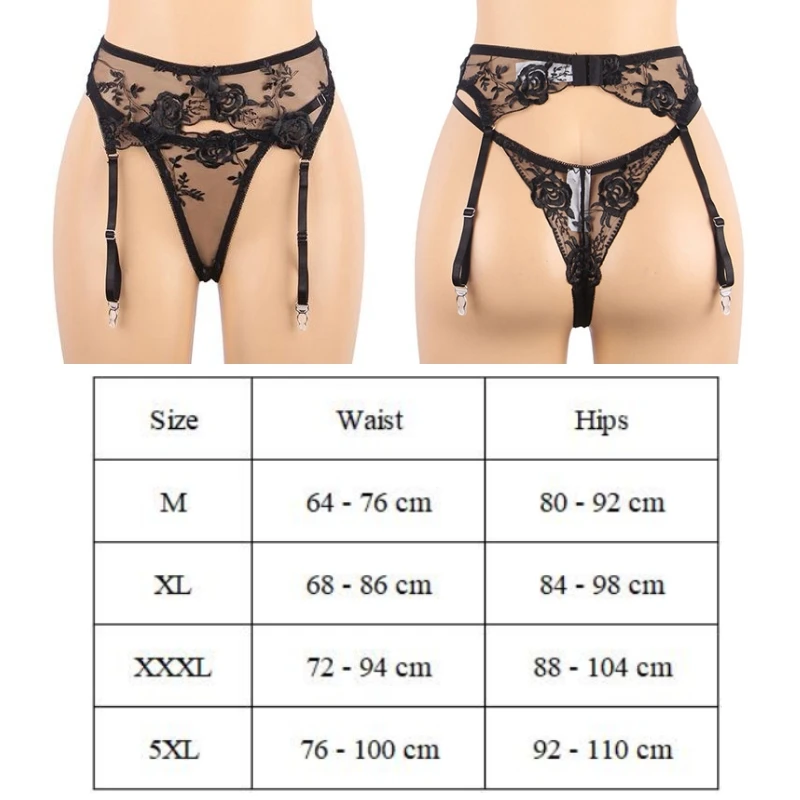 Plus Size Mesh Transparent Garters With G strings Women Sexy Underwear Embroidery Floral Garter Suspender Belt For Stockings