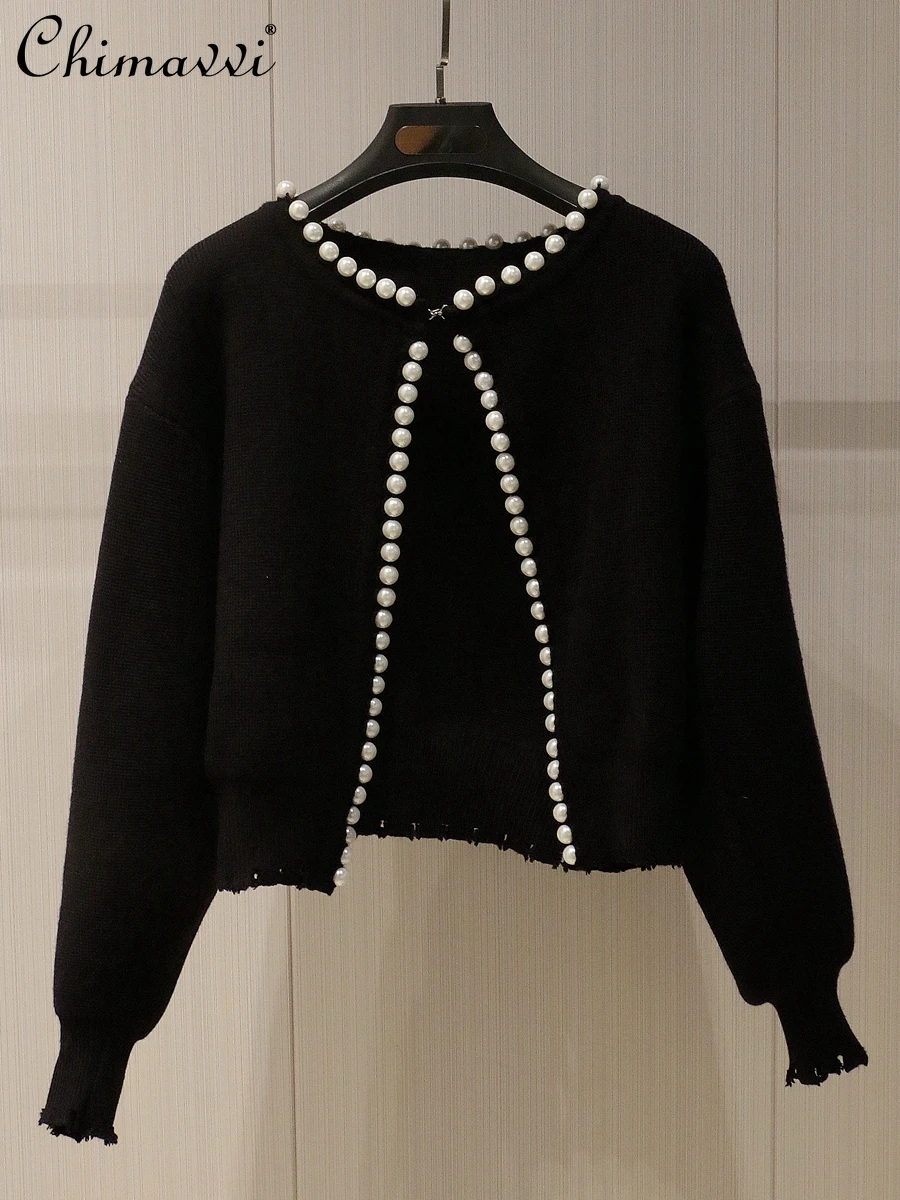 Autumn and Winter New Fashion Loose Round Neck Pearl-trimmed Knitted Cardigan Coat Slim Short Black Sweater Long-sleeved Top