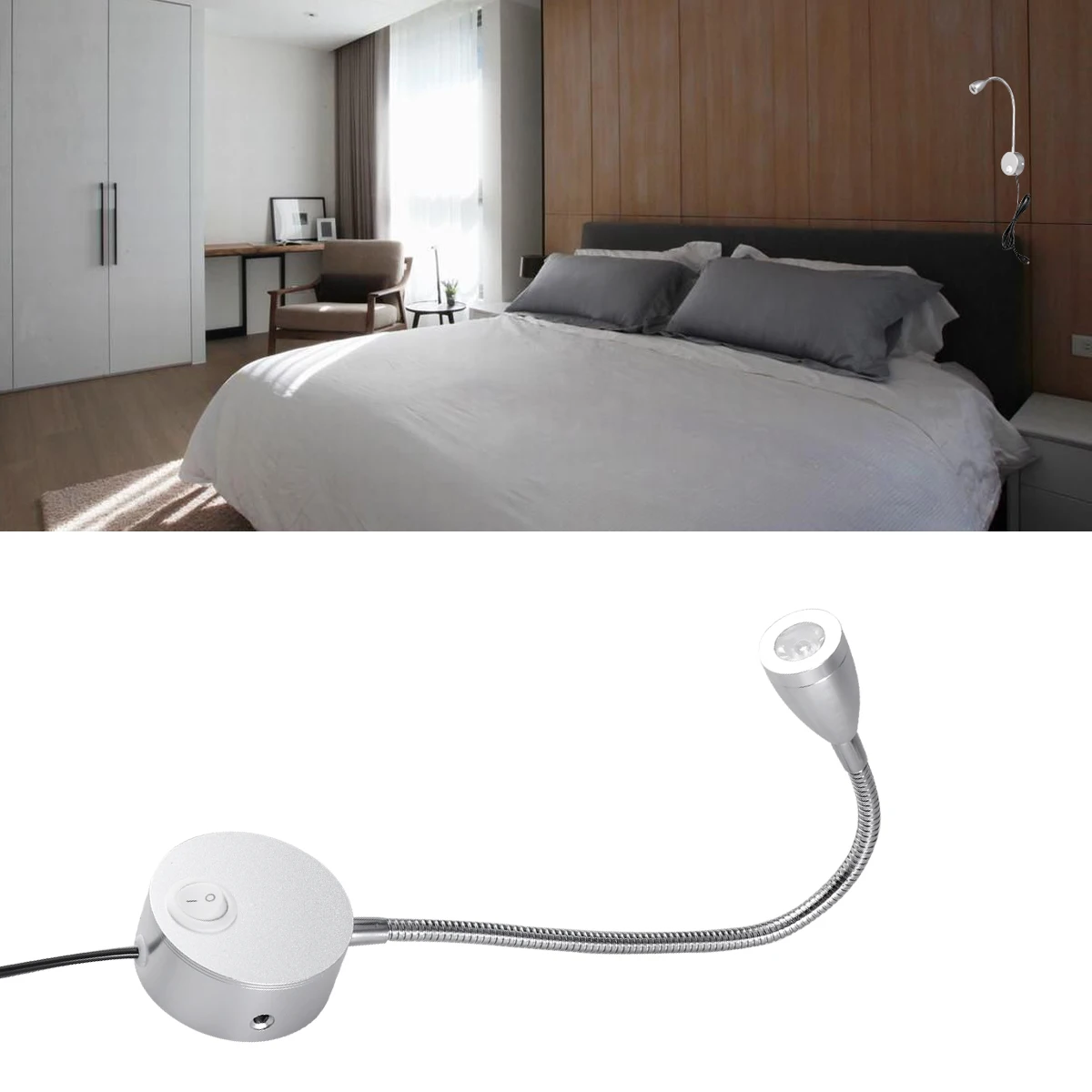 

Flexible Hose LED Bedside Reading Light Book Lights Wall Mounted Lamp for Home School Hotel With EU Plug (Warm White, Silver)