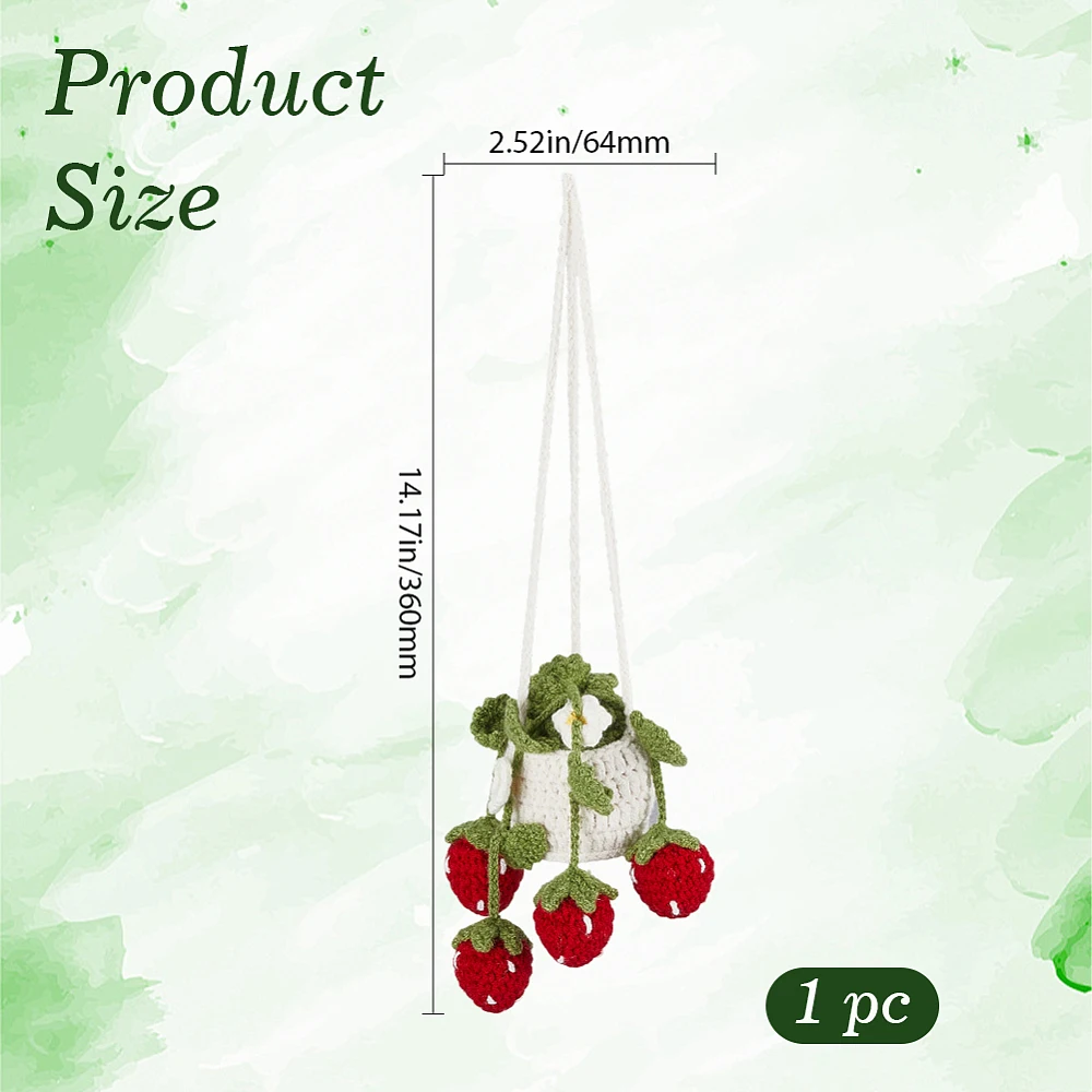 Strawberry Car Ornament Green Red Wool Woven Flower Plant Basket Handmade Crochet Knitted Potted Mirror Hanging Pendant
