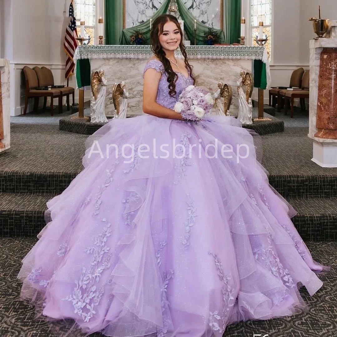 Angelsbride Lilac Ball Gown Quinceanera Dresses Appliques Beading Off Shoulder Lace Up Vestidos De 15 Años Quinceañeras