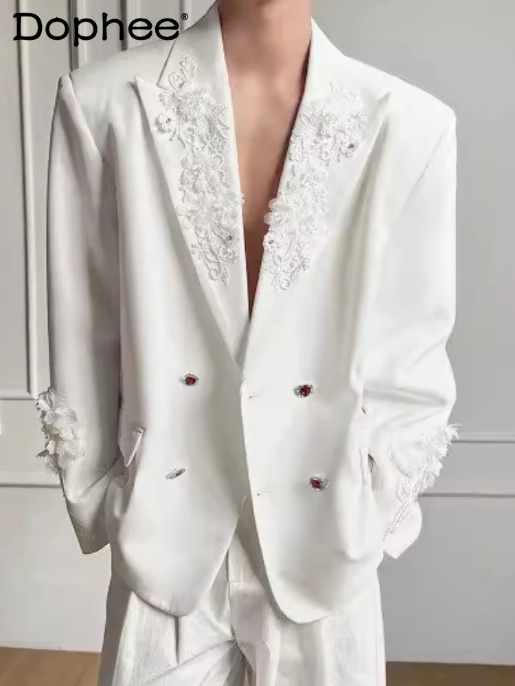 

2026 Men's Spring Fashion Suit Jackets Three-dimensional Floral Design Tailored Coats Trendy Embroidered Double-breasted Blazers