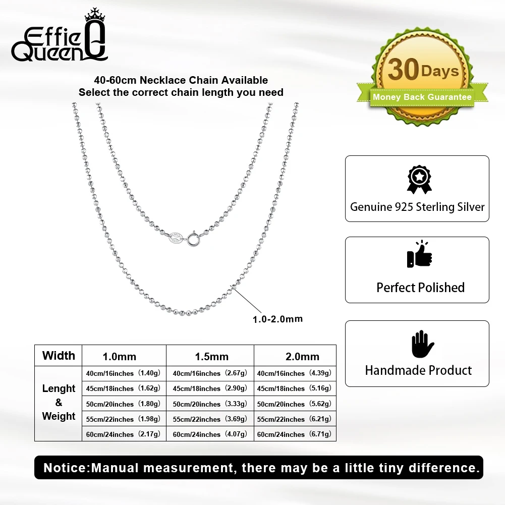 Effie Queen Fashion 1.0/1.5/2.0mm Ball Faceted Bead Chain Necklace for Women 925 Sterling Silver Necklace Birthday Jewelry SC77