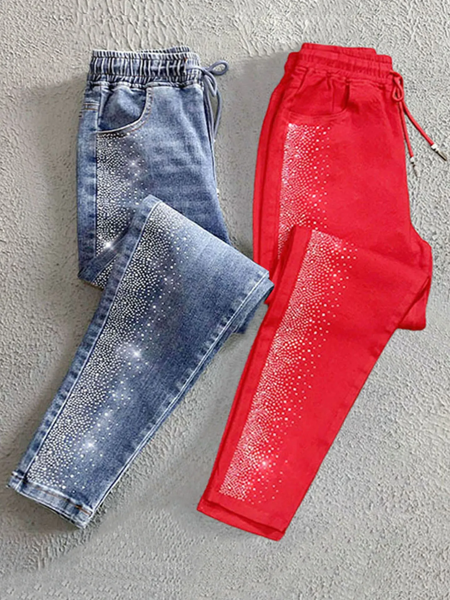 

Women's Slim Fit Harlan Jeans Elastic Waist Diamond Studded Straight Leg Dad Jeans Fashionable Korean Style Slimming Bootcut
