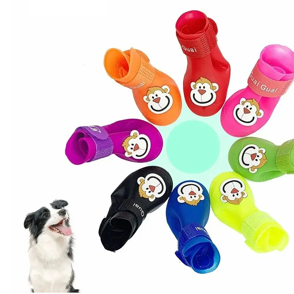 4Pcs/Set Cute Cartoon Pet Rain Boot Anti Slip Waterproof Dog Shoes Pet Supplies Outdoor