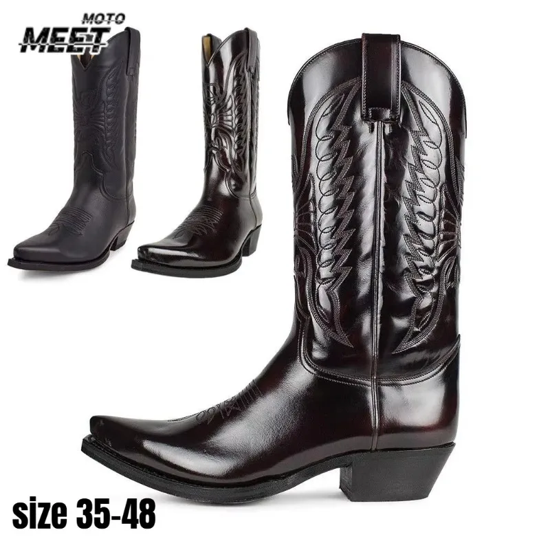 Cowboy Men Women Country Vintage Knight Western Motorcycle Boots Leather Embroidered Pointed Toe Mid Calf Work Shoes 35-48
