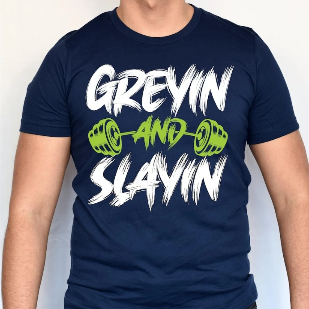 Camisetas divertidas Greyin Slayin para entrenamiento, culturismo, Fitness, regalo, camisetas gráficas, corte de pelo gris, entrenamiento para personas mayores, camisetas de algodón para verano