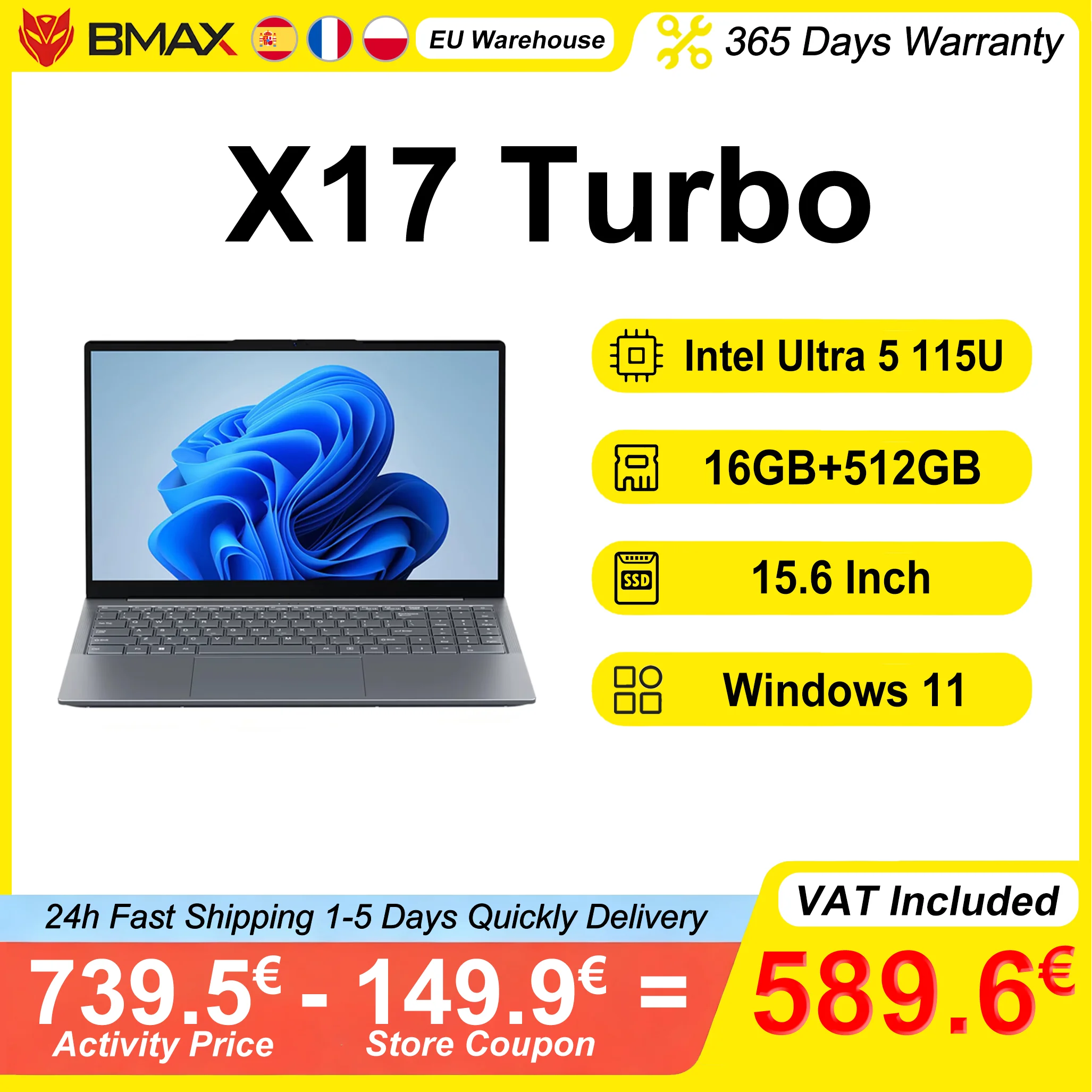 BMAX X17 Turbo laptop, 15,6 inch, Intel Ultra 5 115U, 16 GB RAM, 512 GB SSD, Windows 11 Pro, 1920×1080, wifi, HDMI, USB, pc.