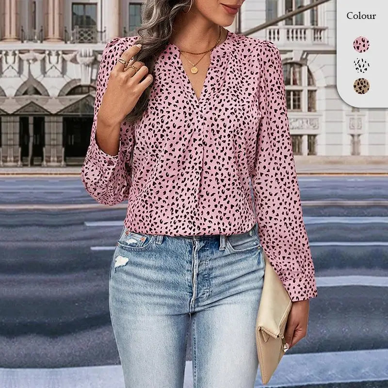 

Elegant Long Sleeve Women's Shirt Top Stylish Swedish Design Printed Leopard Pattern Winter Fashion Ladies' Premium Blouse